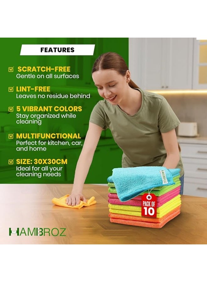 HAMBROZ Microfiber Cleaning Cloth Multi Purposes Kitchen Towel Set Super Absorbent Reusable Cleaning Towels Kitchen Lint Free Cloth Dusters (30x30cm) (Pack of 10) - Image 3