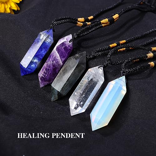 Runyangshi Clear Quartz Healing Crystal Pendants, Double Pointed Natural Crystal Quartz Necklace 6 Faceted Chakra Crystal Wand Stone - Image 3