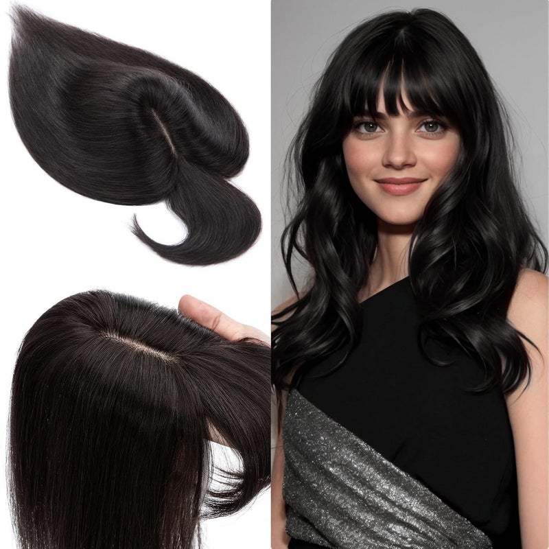 SEGO 100 Real Human Hair Toppers with BangsSilk Base 150 Density Clip in Topper Top 27x51 Hair Pieces for Women with Thinning HairHair Loss Cover Gray Hair