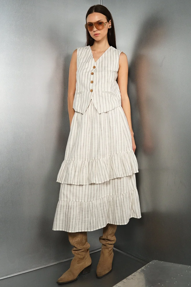 فيرجيو Stripes Cotton Striped Tiered Skirt With Elastic Waist for Women