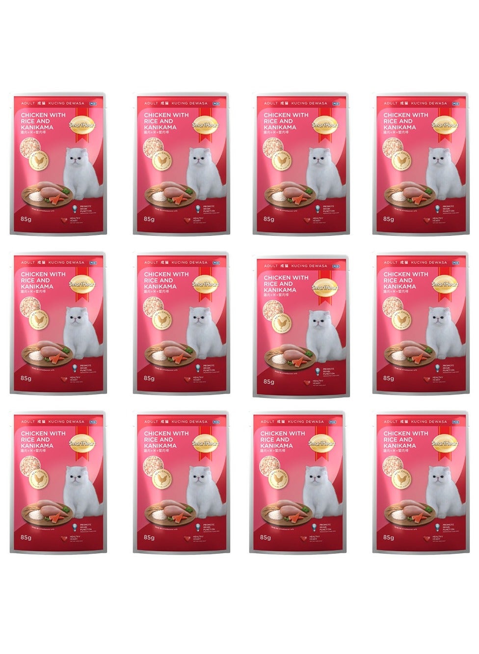 SmartHeart Pouch Adult Cat Wet Food Chicken with Rice & Kanikama 85 g x 12