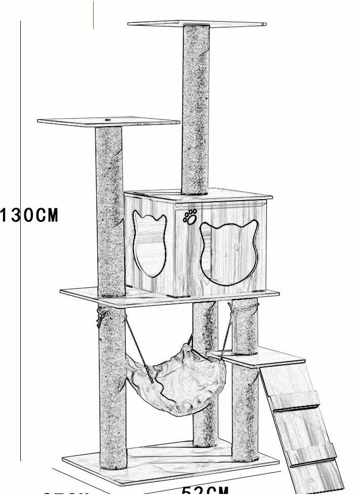Generic - Wood Cat Climbing Frame Multi Level Cat Tree Condo Cat Tower with Scratching Board Sisal Scratching Post Hammock and Ladder Cat Furniture with House for Rest - Image 1