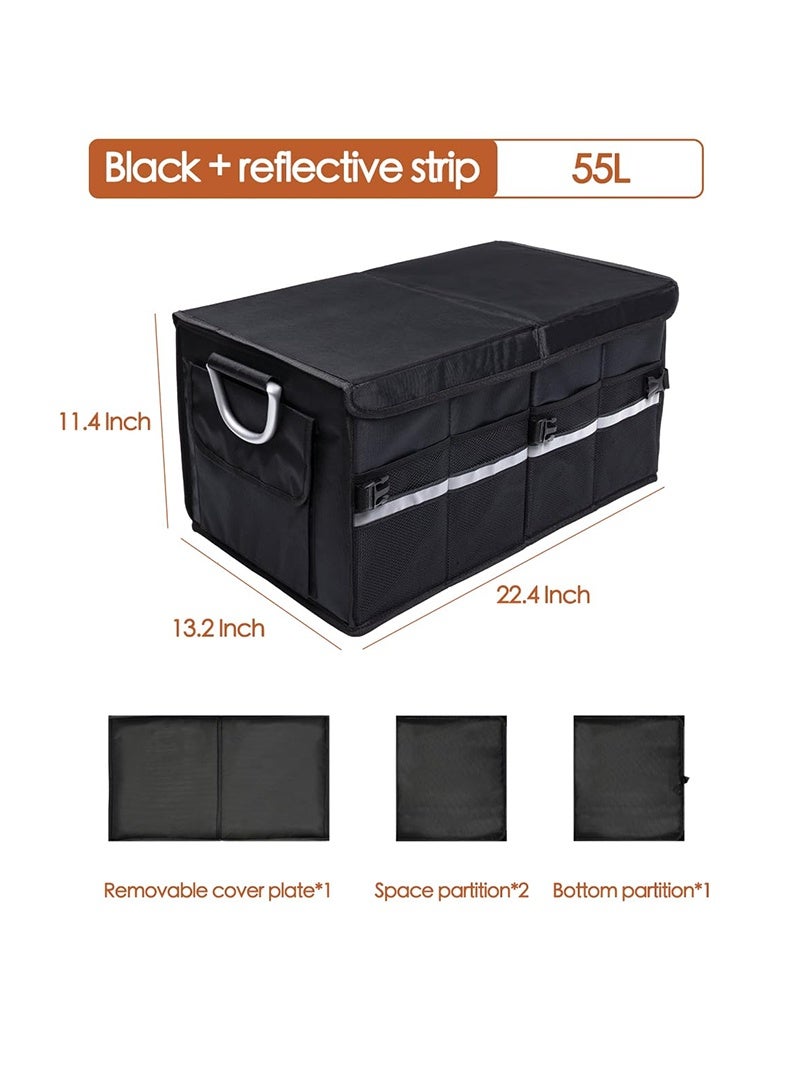 Auger Car Trunk Organizer with Reflective Stripes,Auto Cargo storage Box,Folding Car Organizer with Reinforced Handles, Adjustable Pockets,  Non-Slip Bottom, Waterproof Oxford–Black，Folding and Multi-Compartment, Storage for SUV, Truck, Sedan (Black, 55L) - Image 2