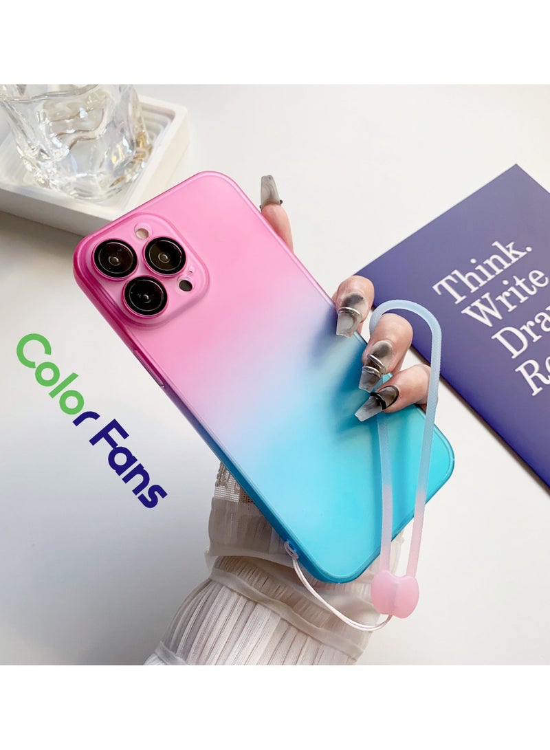 Color Fans Compatible with iPhone 15 Pro Max Cute Case Gradient Frosted Wrist Strap Chain Transparent Lens Protection Clear Fashion Protection Shockproof Cover for Women Girls -Pink Blue/Gradient - Image 1