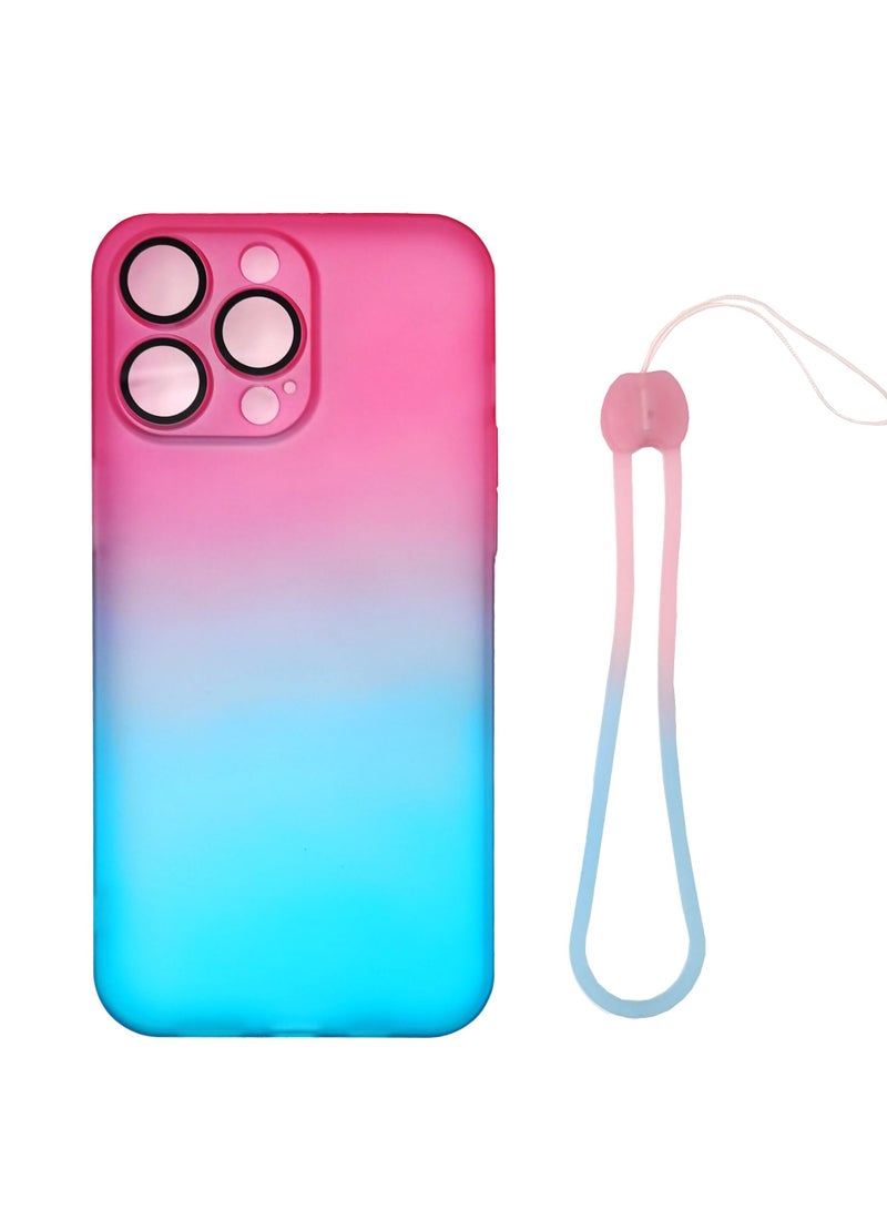 Color Fans Compatible with iPhone 15 Pro Max Cute Case Gradient Frosted Wrist Strap Chain Transparent Lens Protection Clear Fashion Protection Shockproof Cover for Women Girls -Pink Blue/Gradient - Image 3