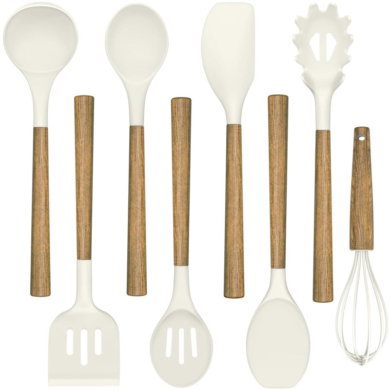 NonStick Silicone Kitchen Utensils Set with Natural Acacia Hard Wood Handle Umite Chef 8 Pieces Kitchen Spatulas set White BPA Free Baking Serving and Cooking Utensils
