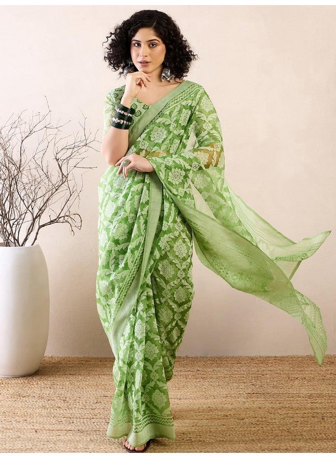 saree mall ساري مول ساري نسائي أخضر مزخرف بالأزهار جاهز للارتداء ساري دقيقة واحدة مع بلوزة غير مخيطة (RTWMSKR01E_HS) - Image 5