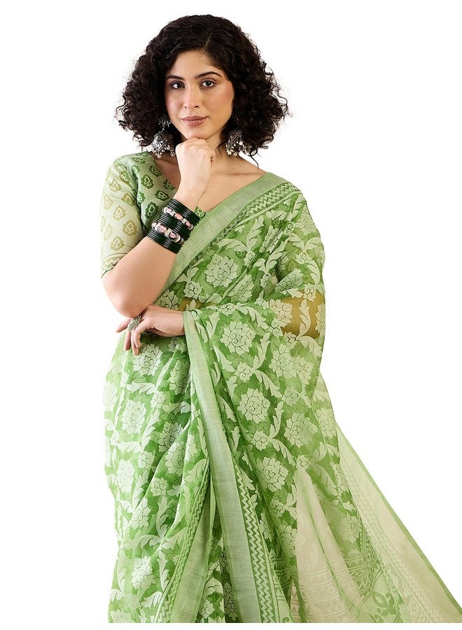 saree mall ساري مول ساري نسائي أخضر مزخرف بالأزهار جاهز للارتداء ساري دقيقة واحدة مع بلوزة غير مخيطة (RTWMSKR01E_HS) - Image 1