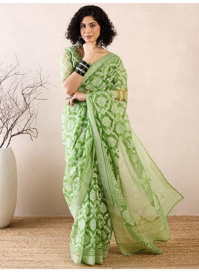 saree mall ساري مول ساري نسائي أخضر مزخرف بالأزهار جاهز للارتداء ساري دقيقة واحدة مع بلوزة غير مخيطة (RTWMSKR01E_HS) - Image 4