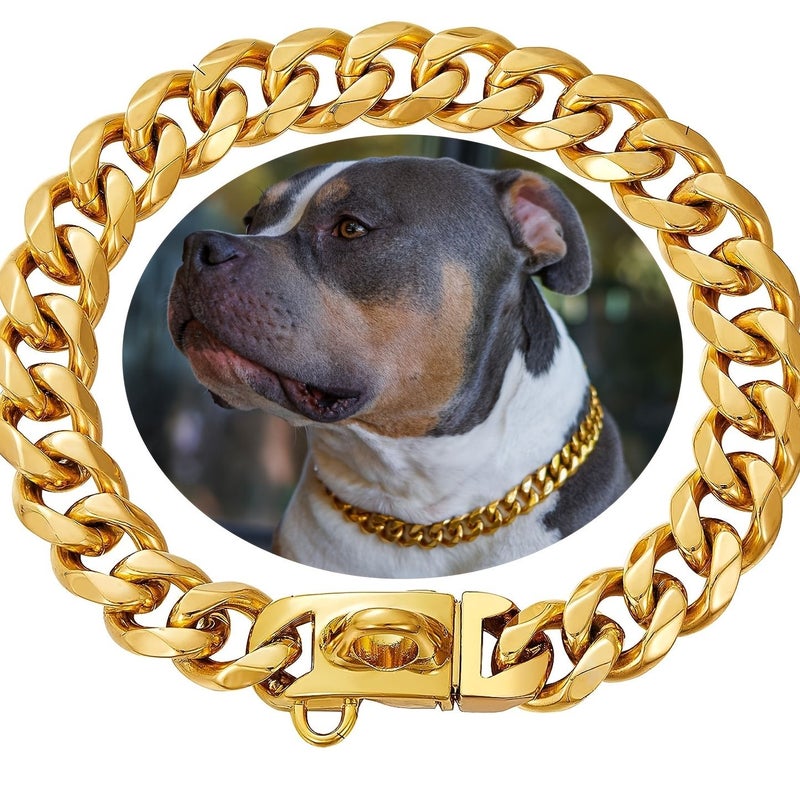 Stainless Steel Dog Collar for Medium to Large Dogs 24 Inch Length Safety Buckle Cuban Link Training Necklace 15MM Width Sturdy - Image 1