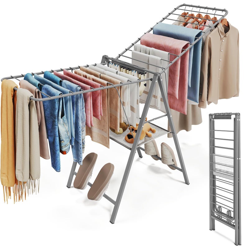 APEXCHASER Clothes Drying Rack Foldable, Metal Laundry Drying Rack Collapsible, Portable Compact Clothes Rack for Sweater Baby Clothes Towel Indoor & Outdoor, Height Adjustable Clothes Airer, Grey - Image 1