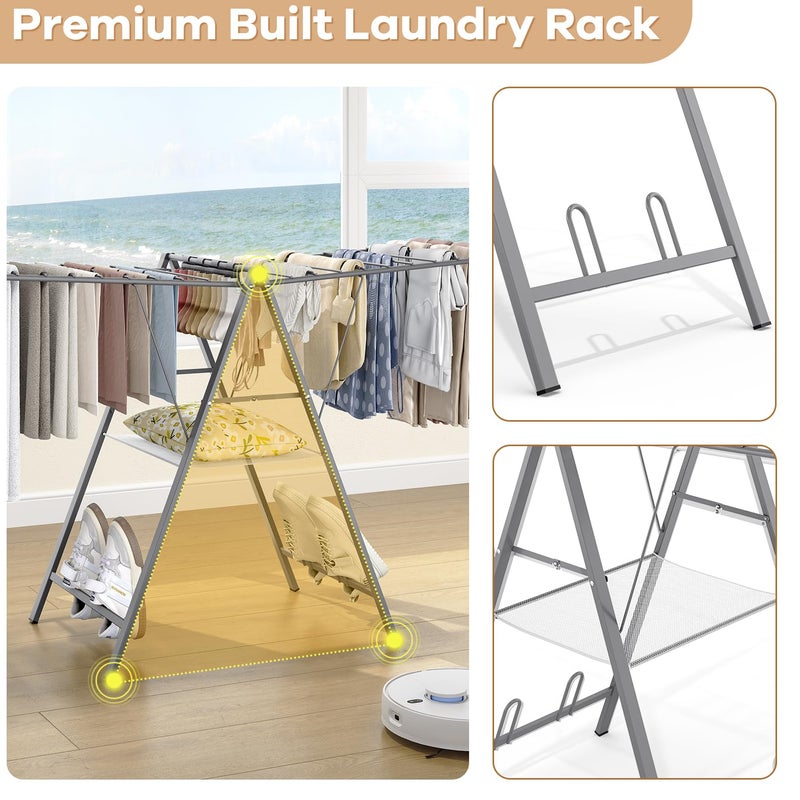 APEXCHASER Clothes Drying Rack Foldable, Metal Laundry Drying Rack Collapsible, Portable Compact Clothes Rack for Sweater Baby Clothes Towel Indoor & Outdoor, Height Adjustable Clothes Airer, Grey - Image 3