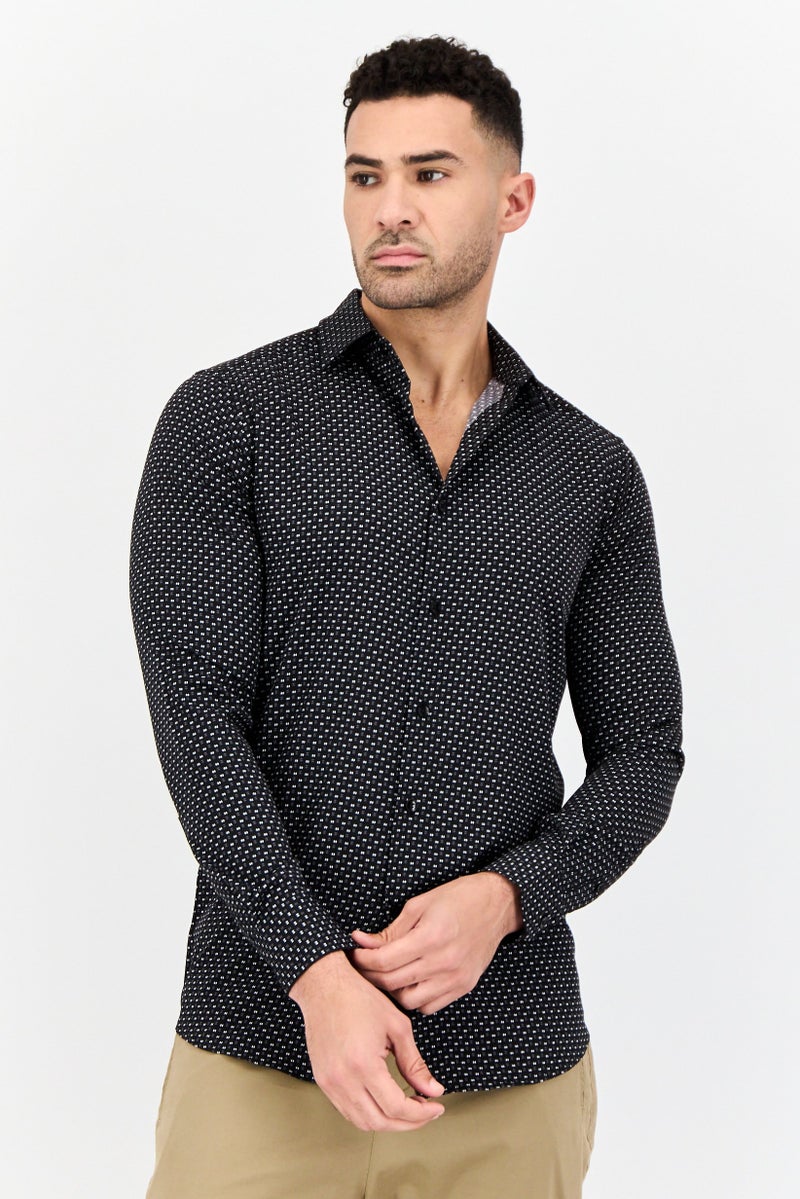 Scotch & Soda Men Modern Fit All Over Print Long Sleeve Dress Shirt, Black - Image 1