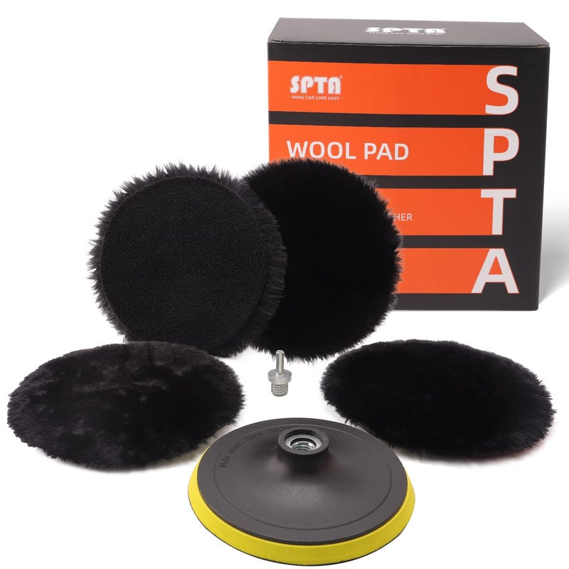 SPTA Wool Polishing Buffing Pad, SPTA 6 Pcs 6 Inch 150mm Polishing Buffing Wheel for Drill Buffer Attachment with 5/8"-11 Drill Adapter Compound Cutting & Polishing for Car Polisher - Image 1