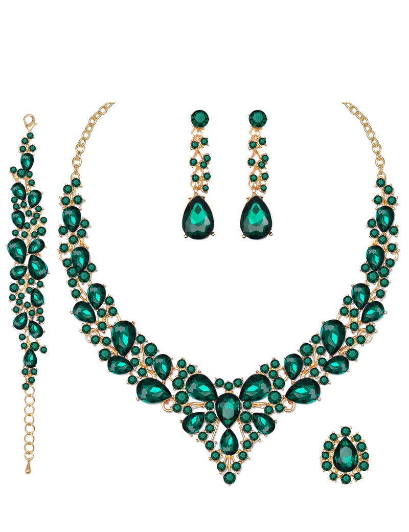 CSY 4 Pcs/Set Austrian Crystal Necklace Earrings Bracelet Ring Bridal Jewelry Sets for Brides Wedding Party Costume Accessories Gifts for Women (02-gold plated-green) - Image 1