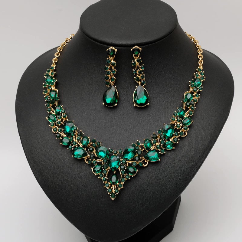 CSY 4 Pcs/Set Austrian Crystal Necklace Earrings Bracelet Ring Bridal Jewelry Sets for Brides Wedding Party Costume Accessories Gifts for Women (02-gold plated-green) - Image 4