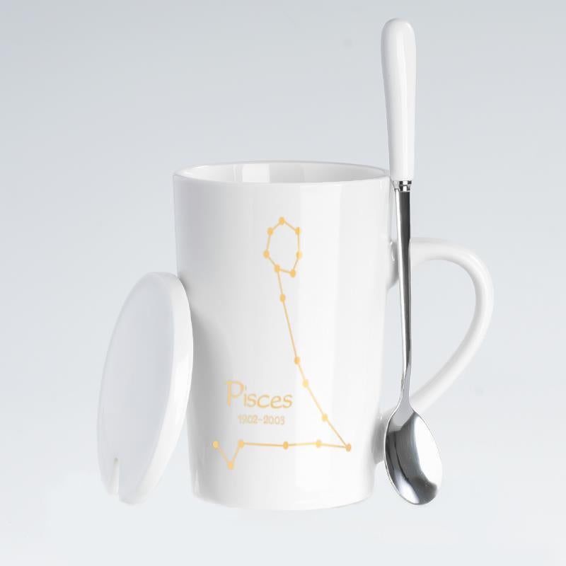 Creative Zodiac Ceramic Mug with Lid Pisces (White)