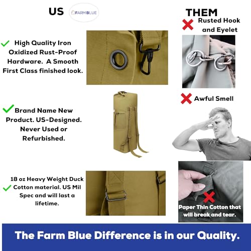 Farm Blue Brand "The Legend" Military Style GI Duffle -A BEST 2 Strap Backpack Style XLarge Duffe-Mil Spec 18oz Canvas -4 Tactical Gear to Dorm -Summer Camp or Laundry Bag - 22" x 38" OD Green - Image 3