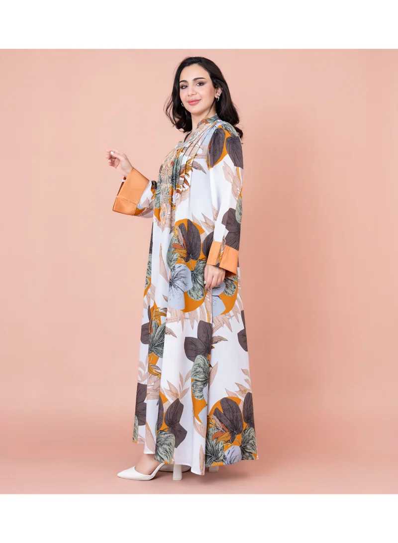IKKXA Embroidered Leaf Blossom Jalabiya IN1032 White