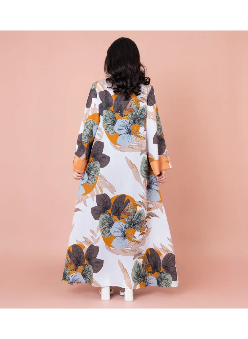 IKKXA Embroidered Leaf Blossom Jalabiya IN1032 White