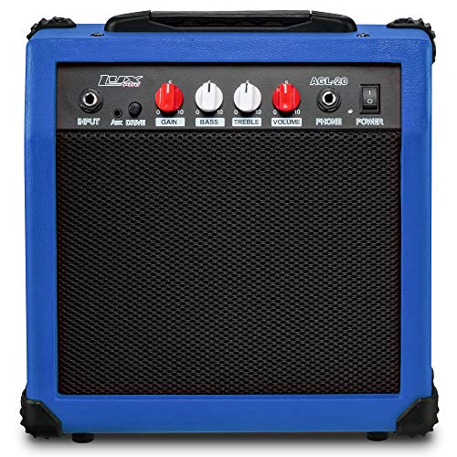 LyxPro Electric Guitar Amp 20 Watt Amplifier Built in Speaker Headphone Jack and Aux Input Includes Gain Bass Treble Volume and Grind - Blue - Image 1