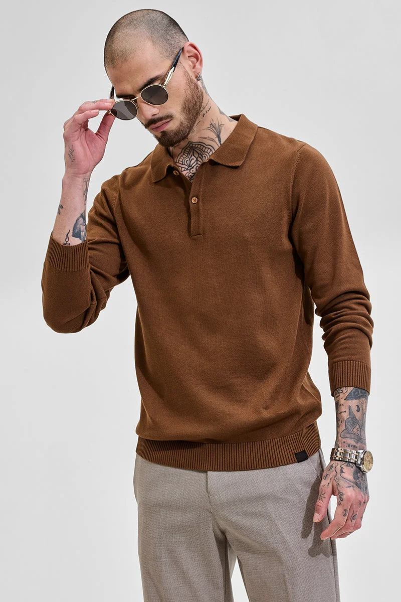 SNITCH Core Lab Brown Slim Fit Knitted Polo T-Shirt