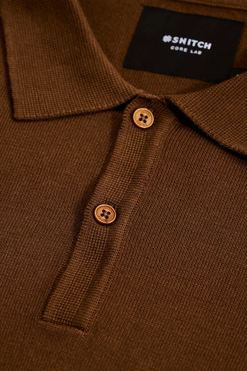 SNITCH Core Lab Brown Slim Fit Knitted Polo T-Shirt