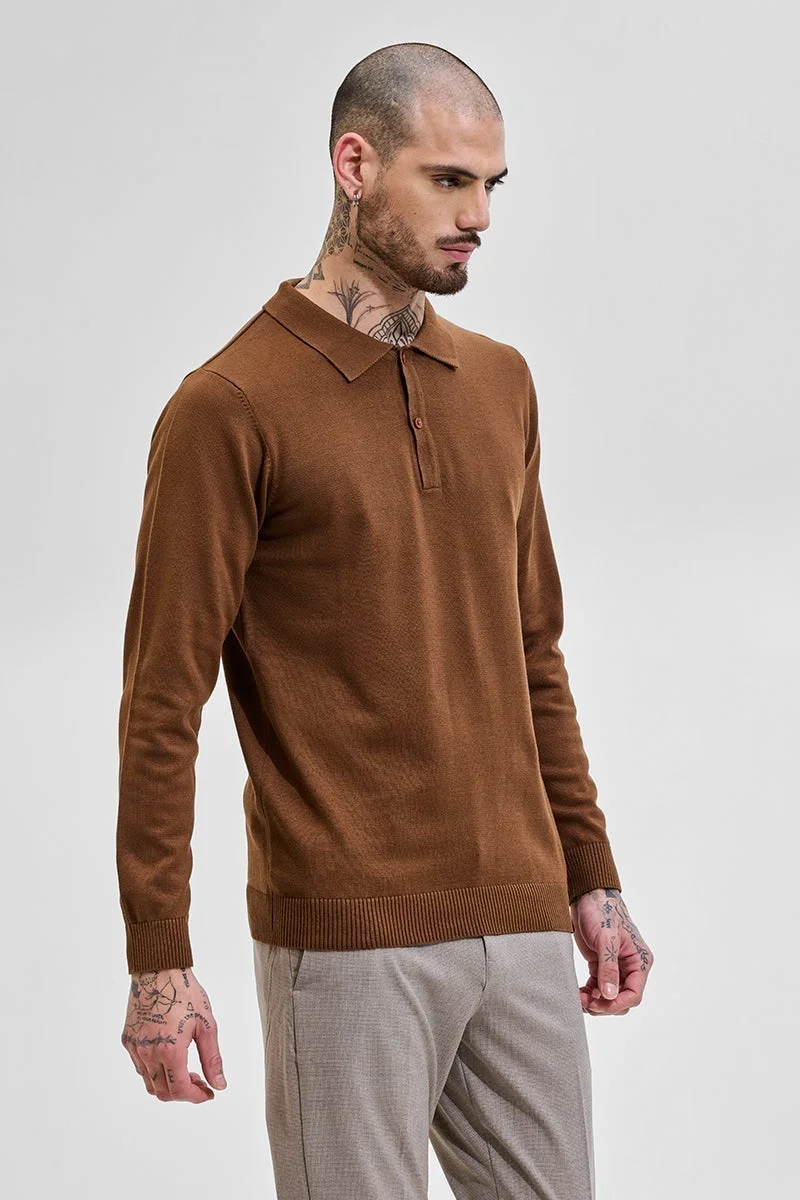 SNITCH Core Lab Brown Slim Fit Knitted Polo T-Shirt