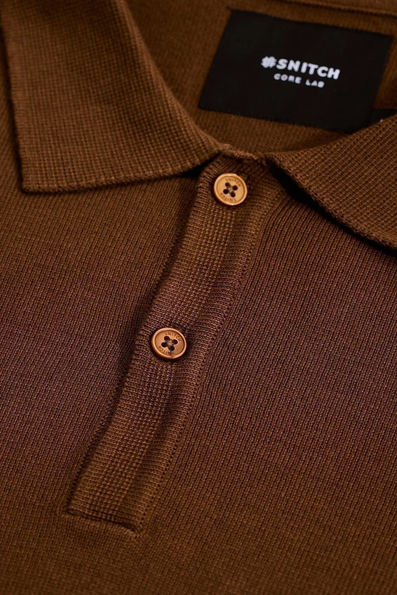 SNITCH Core Lab Brown Slim Fit Knitted Polo T-Shirt