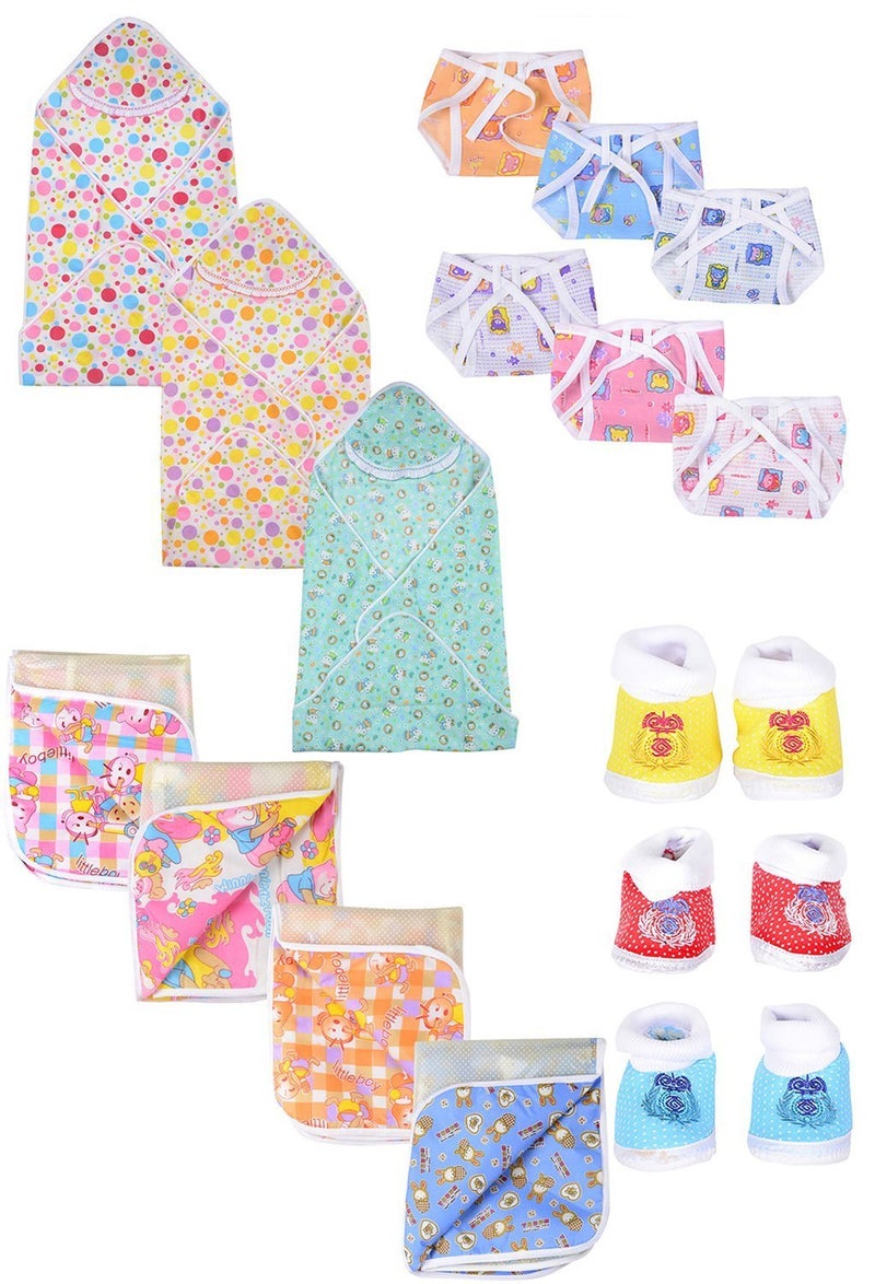 FARETO Combo Of Plastic Changing Sheet,1 Side Cotton,3 Baby Frile Blanket,6 Hosiery Nappies,3 Pair Booties - Image 1