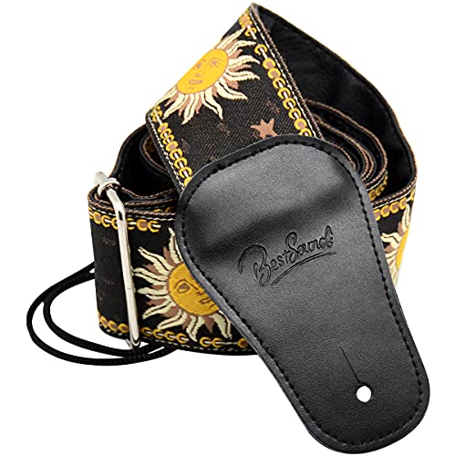 BestSounds C-150 Leather Adjustable Guitar Strap, Sun Jacquard Weave For Bass Electric and Acoustic Guitars, Black - Image 1