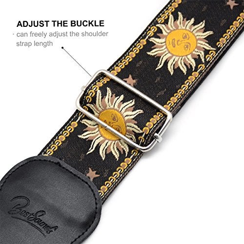 BestSounds C-150 Leather Adjustable Guitar Strap, Sun Jacquard Weave For Bass Electric and Acoustic Guitars, Black - Image 3