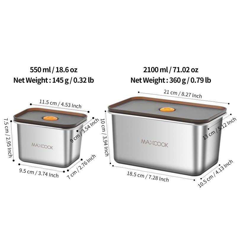 MAX COOK MAXCOOK Stainless Steel Food Containers with Lids, 18.6 oz & 71 oz Food Storage Container set, Metal Food Container Bento Box, Snack Container set with Lid,Dishwasher & Freezer Safe(2100 ml & 550 ml) - Image 5