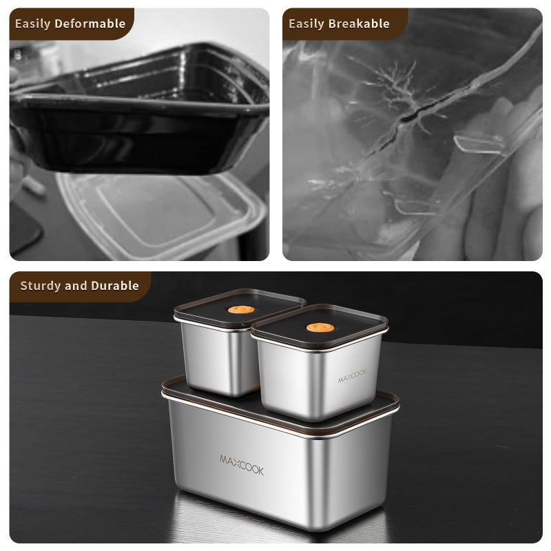 MAX COOK MAXCOOK Stainless Steel Food Containers with Lids, 18.6 oz & 71 oz Food Storage Container set, Metal Food Container Bento Box, Snack Container set with Lid,Dishwasher & Freezer Safe(2100 ml & 550 ml) - Image 2