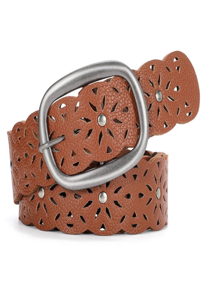 سوزدي حزام نسائي من الجلد المجوف من SUOSDEY، مناسب للجينز، مزود بإبزيم فضي، حزام خصر عريض للسيدات، عرض 1.5 بوصة، بني داكن - Image 1