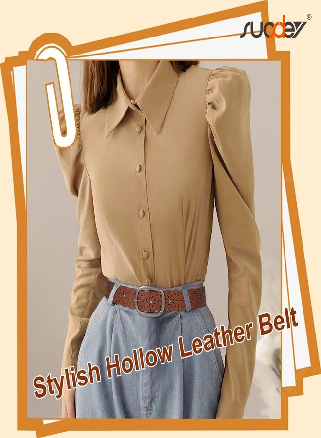 سوزدي حزام نسائي من الجلد المجوف من SUOSDEY، مناسب للجينز، مزود بإبزيم فضي، حزام خصر عريض للسيدات، عرض 1.5 بوصة، بني داكن - Image 2