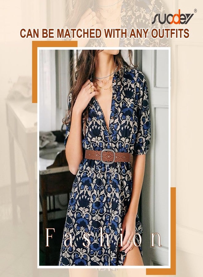 سوزدي حزام نسائي من الجلد المجوف من SUOSDEY، مناسب للجينز، مزود بإبزيم فضي، حزام خصر عريض للسيدات، عرض 1.5 بوصة، بني داكن - Image 4