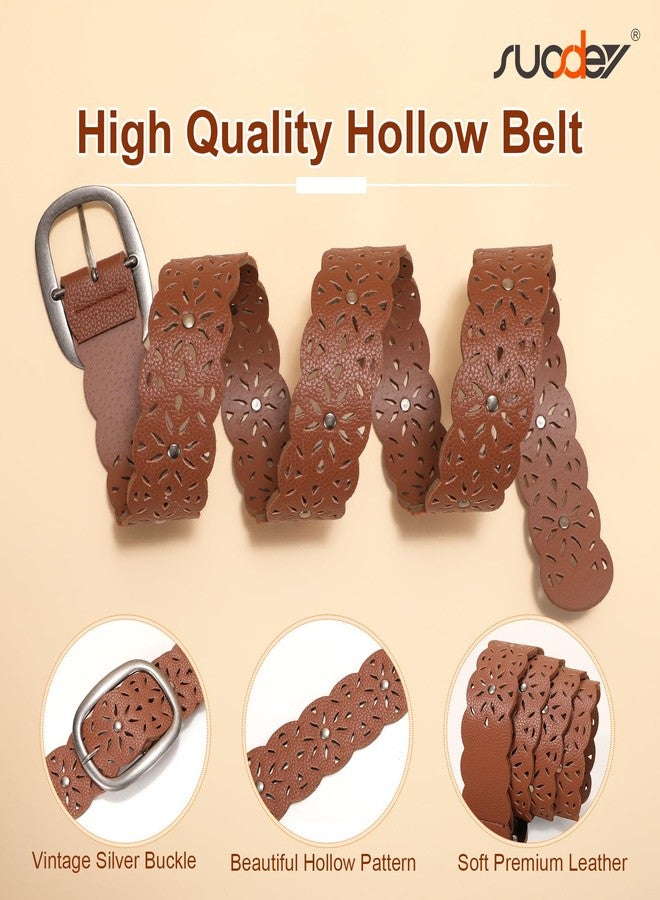سوزدي حزام نسائي من الجلد المجوف من SUOSDEY، مناسب للجينز، مزود بإبزيم فضي، حزام خصر عريض للسيدات، عرض 1.5 بوصة، بني داكن - Image 3