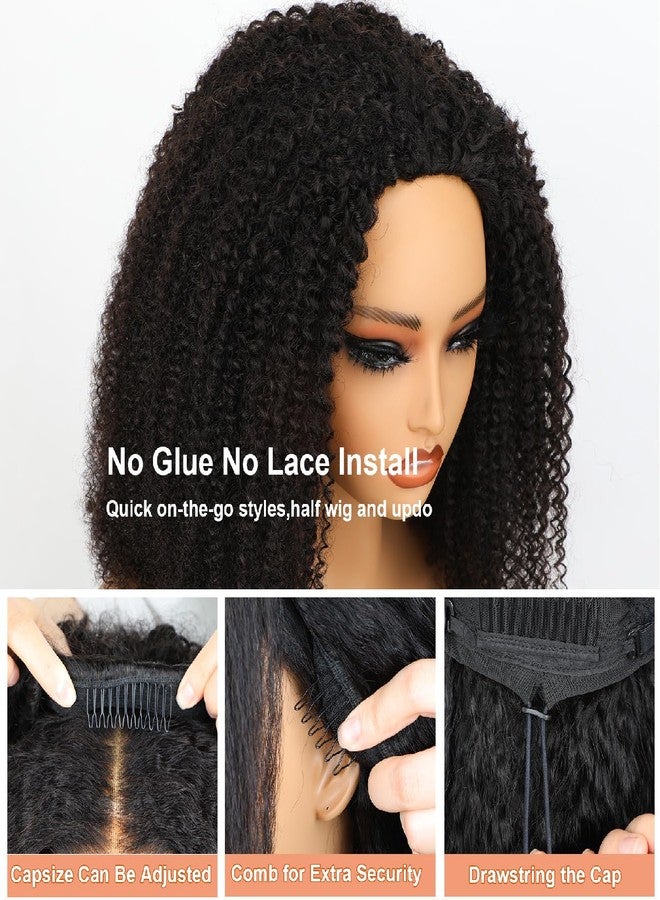 Domiso Afro Kinky Curly 3 In 1 Half Wig with Elastic Band Seamless Kinky Curly Flip Over Beginner Friendly Glueless Wear & Go Drawstring Band Clip in Wig Human Hair Black Color 18 Inch - Image 2