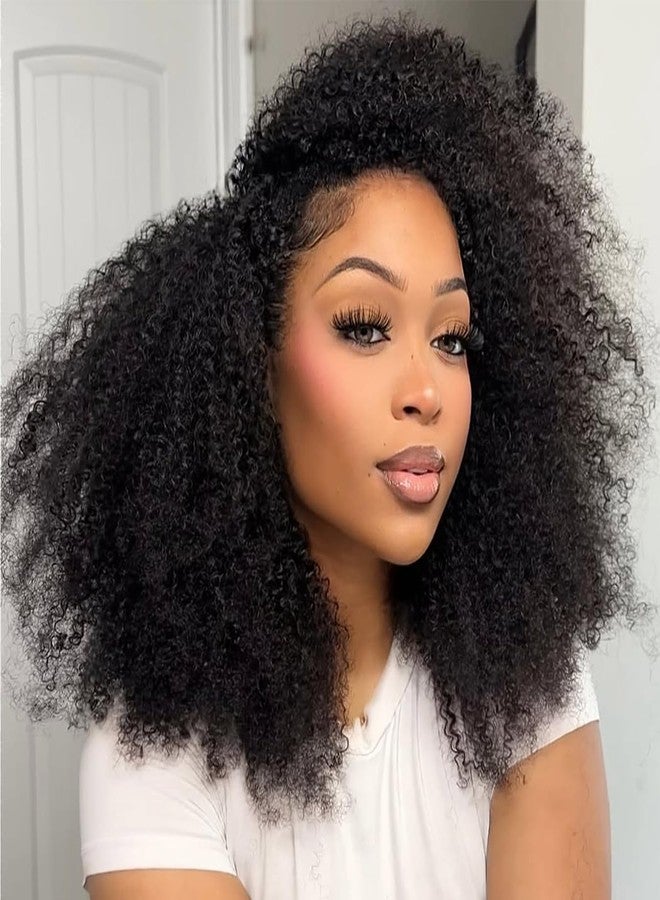 Domiso Afro Kinky Curly 3 In 1 Half Wig with Elastic Band Seamless Kinky Curly Flip Over Beginner Friendly Glueless Wear & Go Drawstring Band Clip in Wig Human Hair Black Color 18 Inch - Image 1