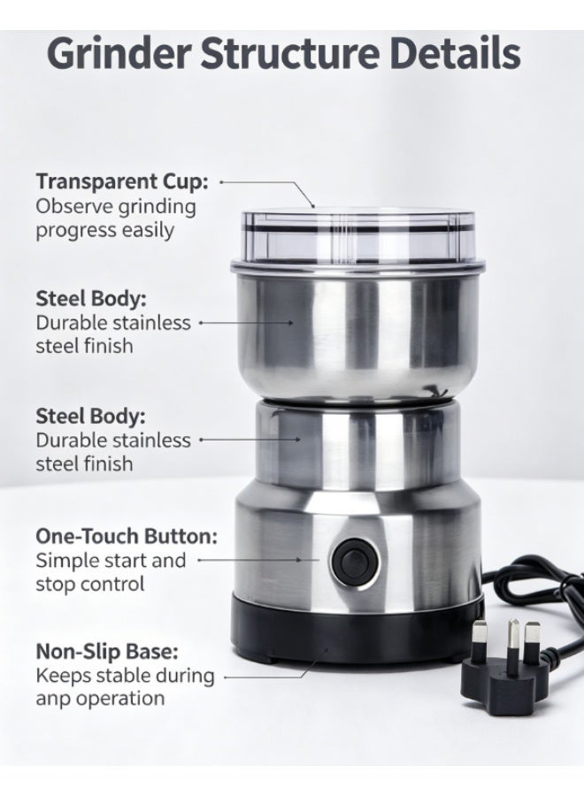 Stainless Steel Electric Grinder, Mini Household Grain Spice Coffee Bean Mill with UK Plug - Image 2