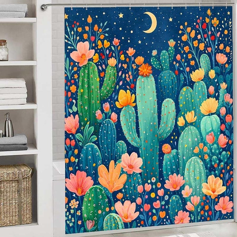 Cactus Garden Under Moonlight and StarsShower Curtain for Bathroom Waterproof Tan Shower Curtain with Hooks 71 inch x 71 inch - Image 2