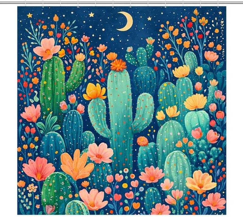 Cactus Garden Under Moonlight and StarsShower Curtain for Bathroom Waterproof Tan Shower Curtain with Hooks 71 inch x 71 inch - Image 1