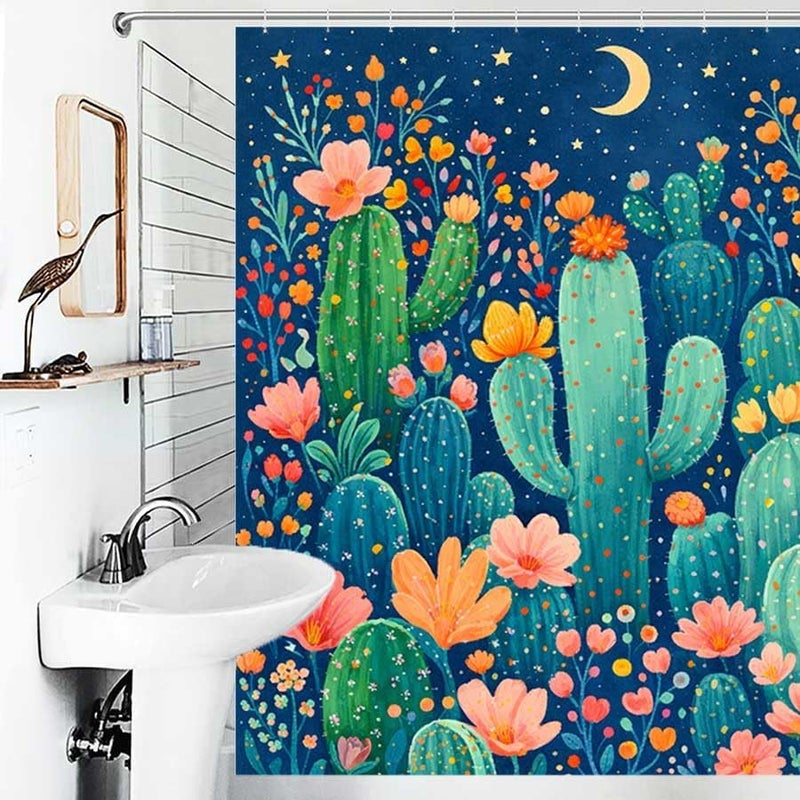 Cactus Garden Under Moonlight and StarsShower Curtain for Bathroom Waterproof Tan Shower Curtain with Hooks 71 inch x 71 inch - Image 4