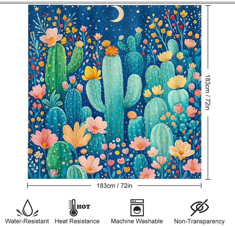 Cactus Garden Under Moonlight and StarsShower Curtain for Bathroom Waterproof Tan Shower Curtain with Hooks 71 inch x 71 inch - Image 3
