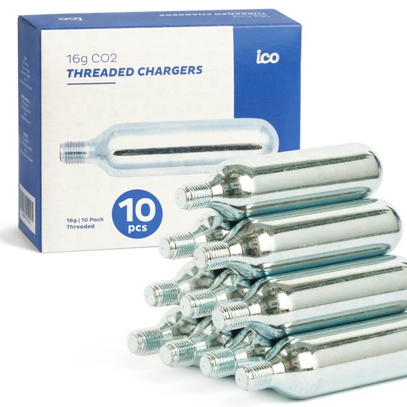 ICO CO2, 10pcs, 16g Threaded CO2 Cartridges, CO2 Cartridges for Use with CO2 Bike Tire Inflator, C02 Cartridges for MTB & Road Bikes, Food Grade CO2 - Image 1