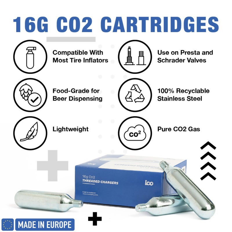 ICO CO2, 10pcs, 16g Threaded CO2 Cartridges, CO2 Cartridges for Use with CO2 Bike Tire Inflator, C02 Cartridges for MTB & Road Bikes, Food Grade CO2 - Image 2