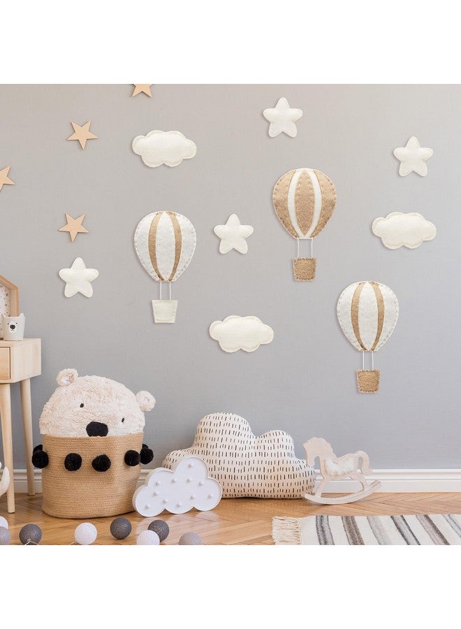 Poen 10 قطع زينة جدارية على شكل بالون هواء ساخن وغيوم نجوم لغرفة الأطفال زينة جدارية غربية لغرفة النوم سحب مصنوعة من الفelt ونجوم وبالون هواء ساخن لغرفة الأطفال (خاكي) - Image 5