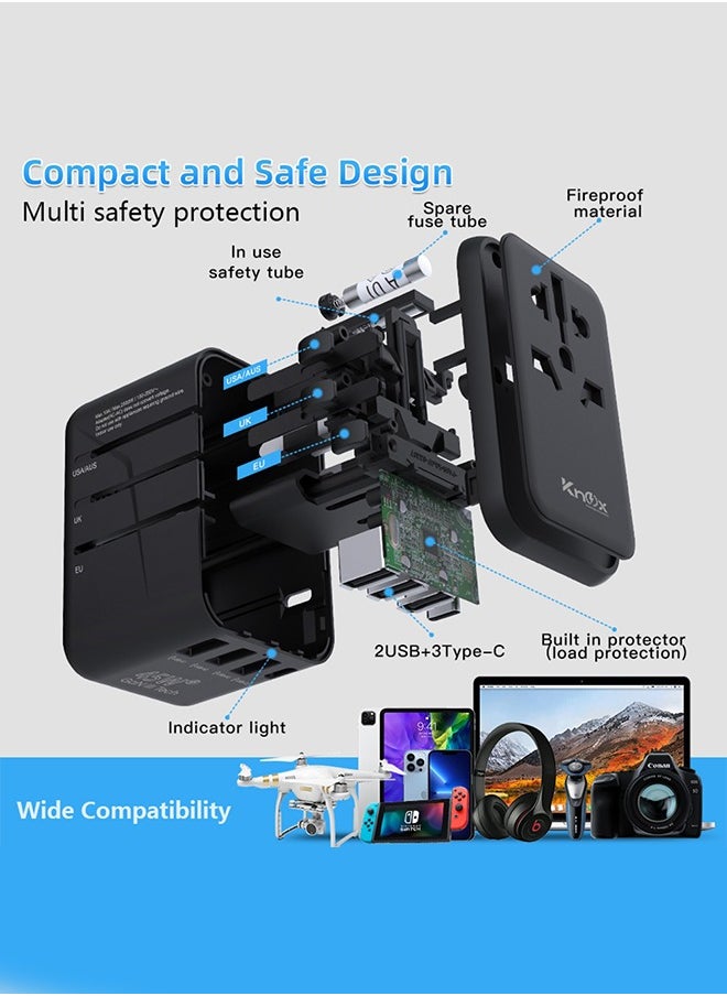 45W Travel Power Adapter GaN III technology, International Adapter with 3 USB-A & 2 USB-C PD Fast Charging, Universal Travel Adaptor for Smart Phone, Laptops, Worldwide Plug