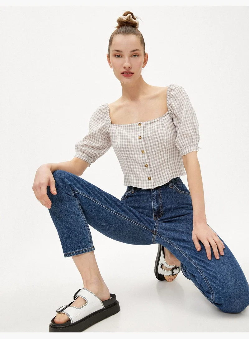 KOTON Puff Sleeve Blouse Checked Buttoned Square Neck
